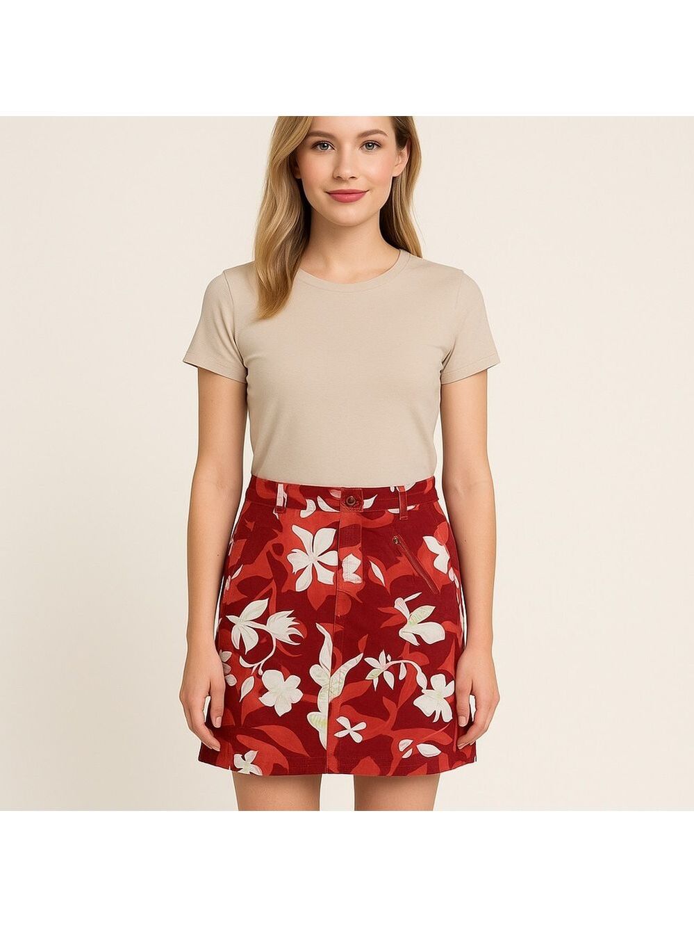 COLUMBIA cotton skirt red orange white green floral pattern pockets size 8
